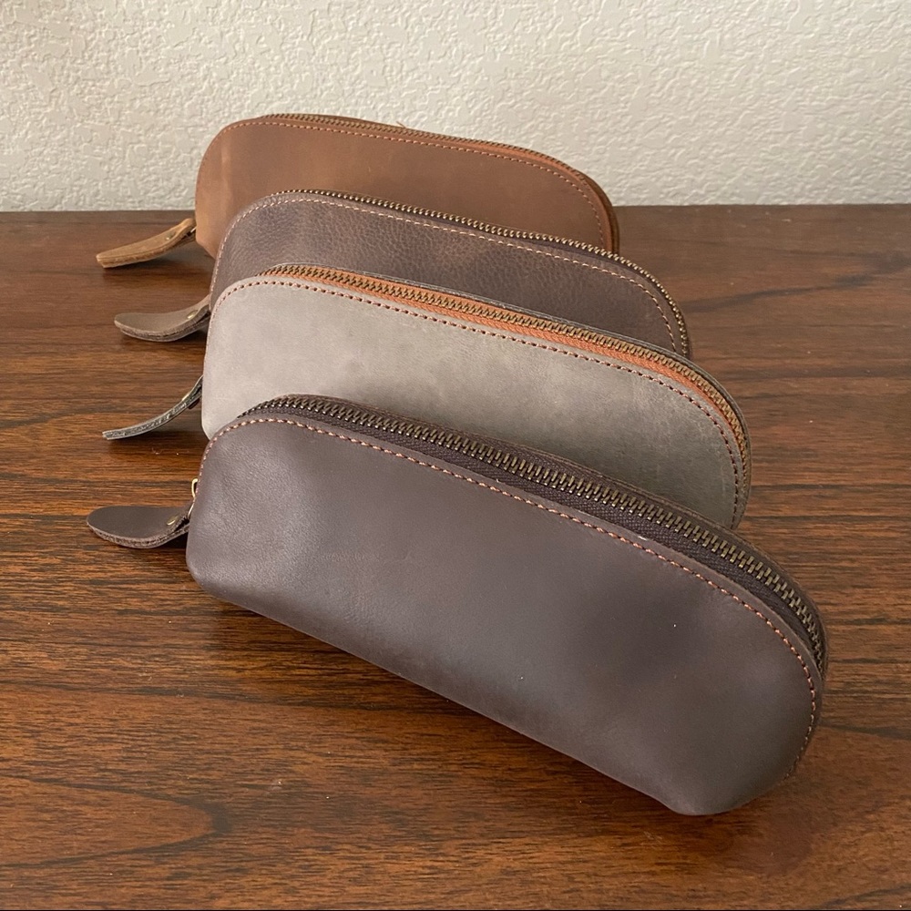 Crazy Horse Real Leather Brown Zipper Pencil Pouch Makeup Bag